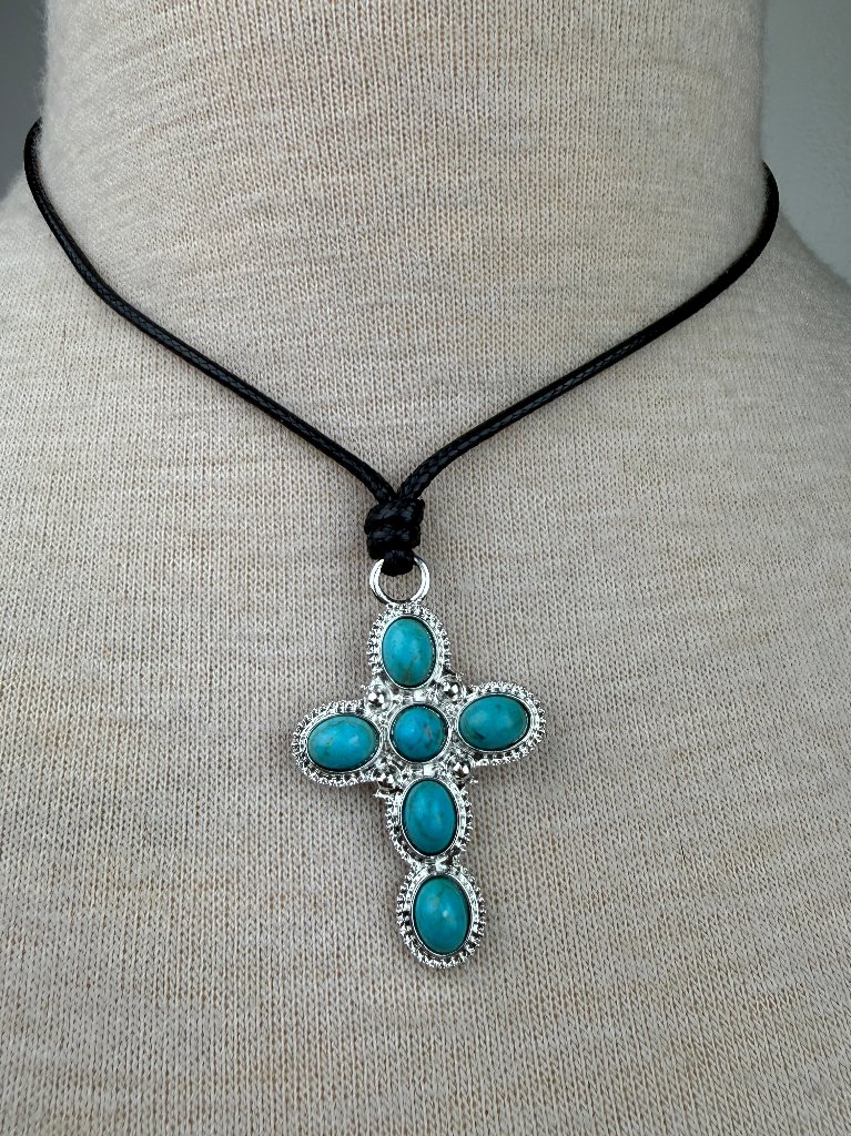 Silver Tone & Faux Turquoise Cross Pendant On Black Leather Cord